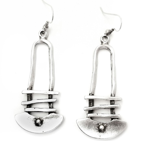 Artisan Jewelry - New Native Tribal Handmade Sterling Silver Antique Style Geo Dangle Earrings